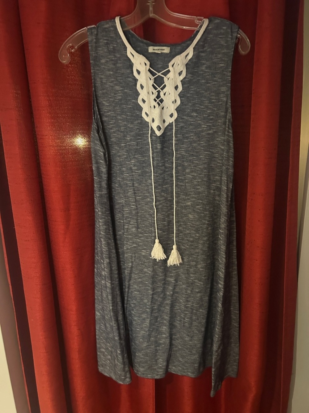 Max Studio Blue Knit Midi Dress with White Crochet Neckline